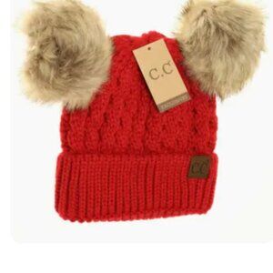 Cable Knit Double Pom Beanie REd